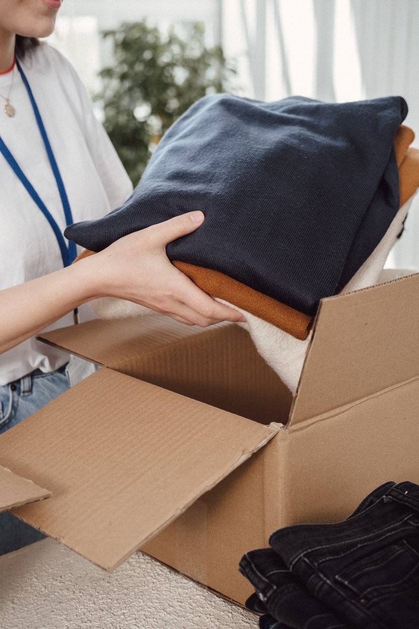 Woman Arranging Box of Clothing Donations